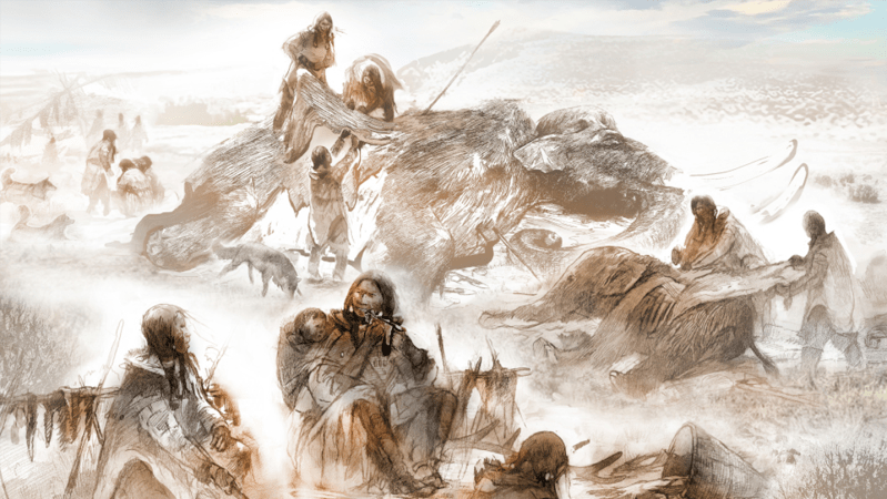 An illustration of Clovis people hunting mammoths.